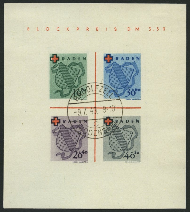 BADEN Bl. 2II/IV O, 1949, Block Rotes Kreuz, Type IV, Stempel RADOLFZELL, Pracht, Fotoattest H.D. Schlegel, Mi. 1800.- - Altri & Non Classificati