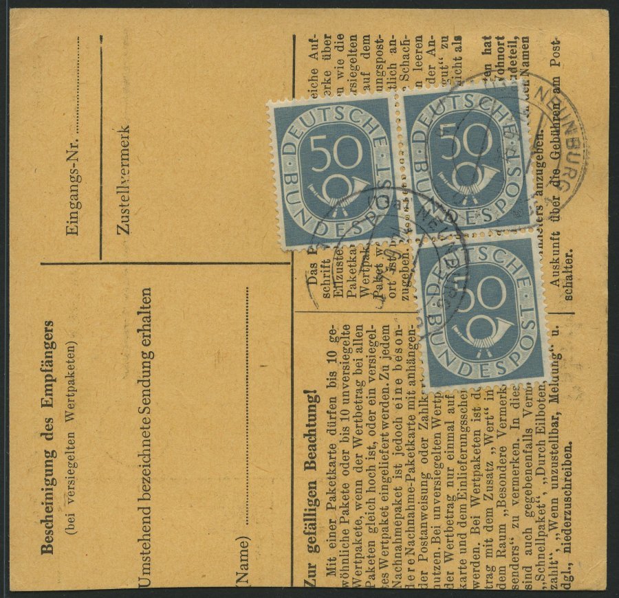 BUNDESREPUBLIK 134 Paar BRIEF, 1954, 50 Pf. Posthorn, 4x, Dabei Ein Dreierblock, Als Mehrfachfrankatur Auf Paketkarte Au - Otros & Sin Clasificación