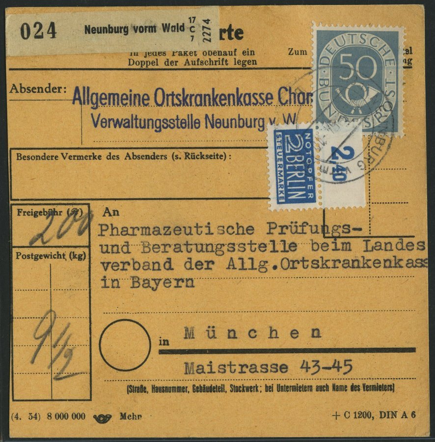 BUNDESREPUBLIK 134 Paar BRIEF, 1954, 50 Pf. Posthorn, 4x, Dabei Ein Dreierblock, Als Mehrfachfrankatur Auf Paketkarte Au - Otros & Sin Clasificación