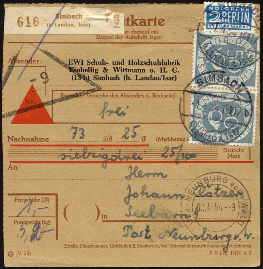 BUNDESREPUBLIK 134 Paar BRIEF, 1954, 50 Pf. Posthorn Im Waagerechten Paar Als Mehrfachfrankatur Auf Nachnahme-Paketkarte - Altri & Non Classificati