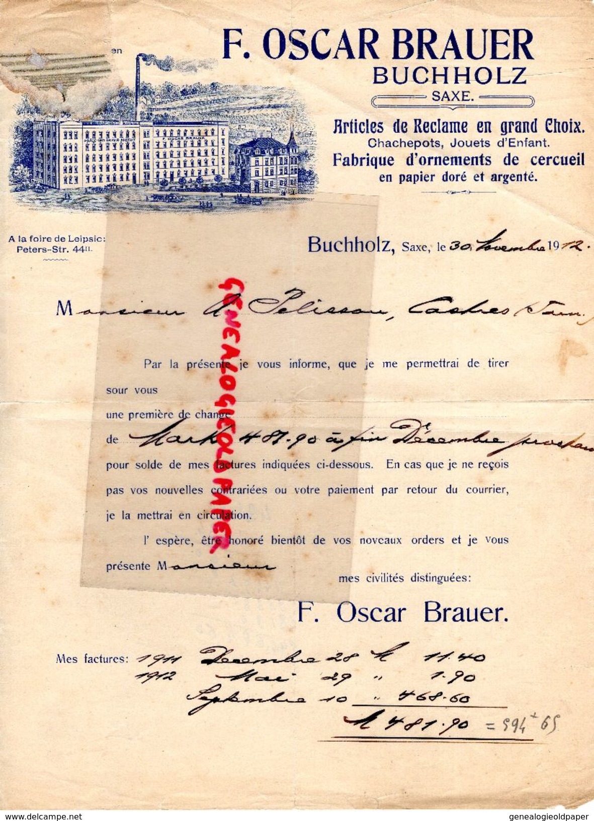 ALLEMAGNE- BUCHHOLZ- SAXE-RARE LETTRE F. OSCAR BRAUER-FABRIQUE OENEMENTS CERCUEILS-JOUET ENFANT-JOUETS-CHACHEPOTS-1912 - Petits Métiers