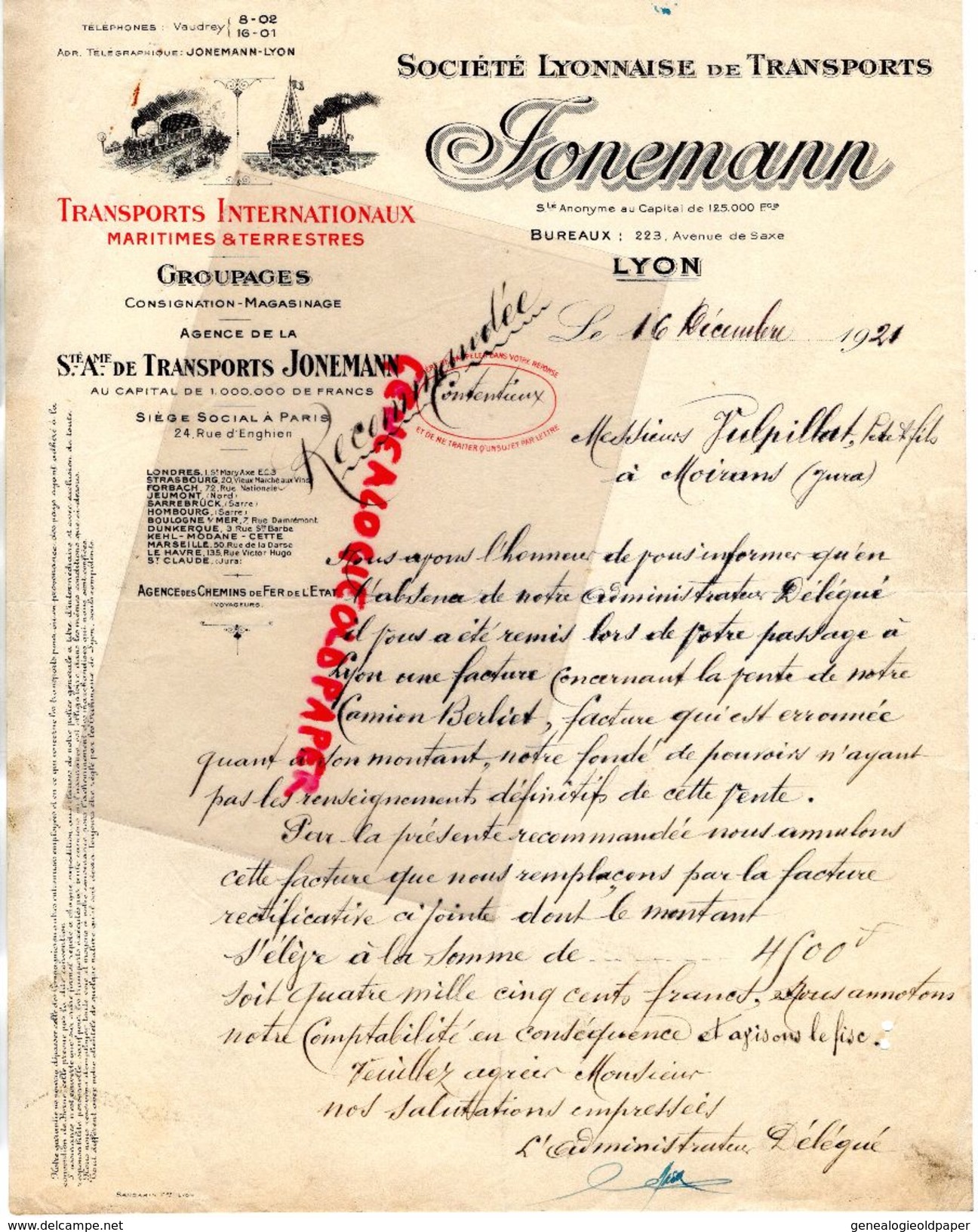 69- LYON-PARIS-TRAIN BATEAU-RARE LETTRE MANUSCRITE JONEMANN-TRANSPORTS INTERNATIONAUX MARITIMES TERRESTRES-TRAIN BATEAU - Trasporti