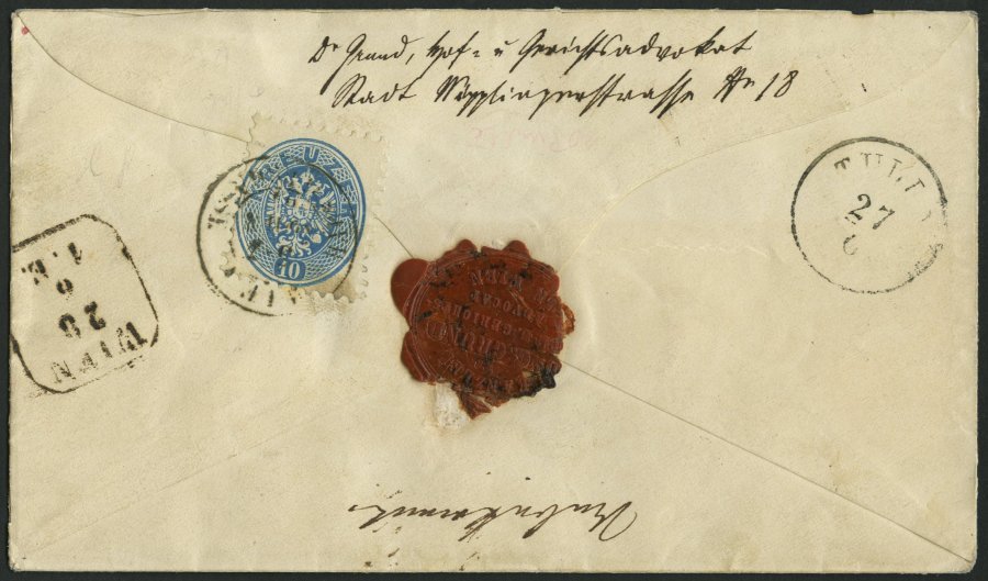 GANZSACHEN U 42,33 BRIEF, 1866, 5 Kr. Rot, Wz. 2, Umschlag Mit Rückseitigem Reco-Porto 10 Kr. Blau Von WIEN-HABSBURGGASS - Otros & Sin Clasificación