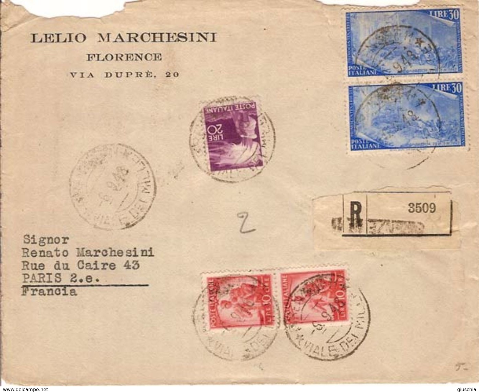 (St.Post.).Repubblica.30 Lire "Risorgimento".Coppia Su Raccomandata Per Parigi Del 6 Set 1948 (315-16) - 1946-60: Storia Postale