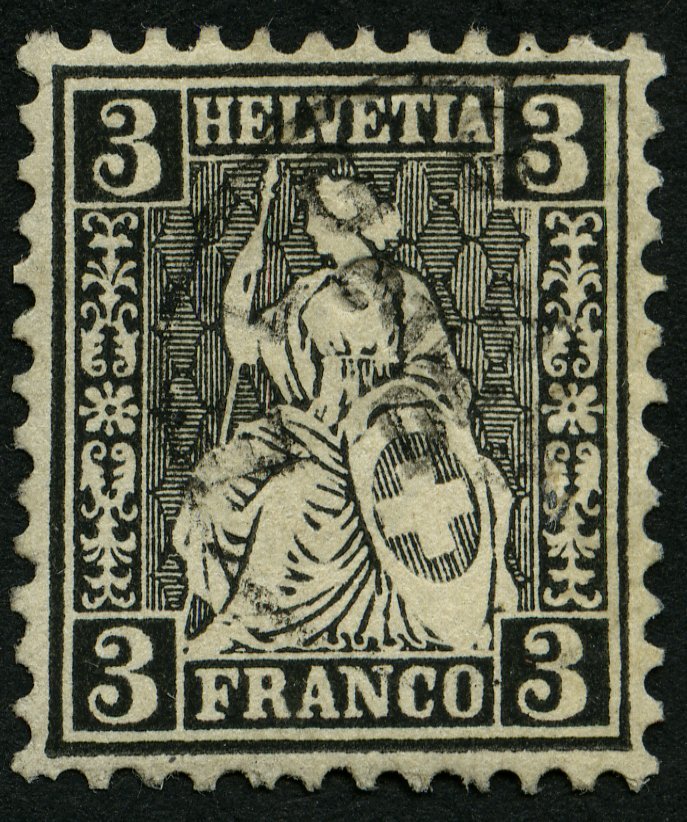 SCHWEIZ BUNDESPOST 21b O, 1881, 3 C. Schwarz, üblich Gezähnt Pracht, Gepr. Marchand, Mi. 160.- - 1843-1852 Federal & Cantonal Stamps
