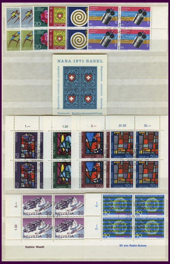 LOTS VB o, 1962-71, saubere Partie verschiedener zentrisch gestempelter Viererblocks, nur komplette Ausgaben, Pracht, Mi