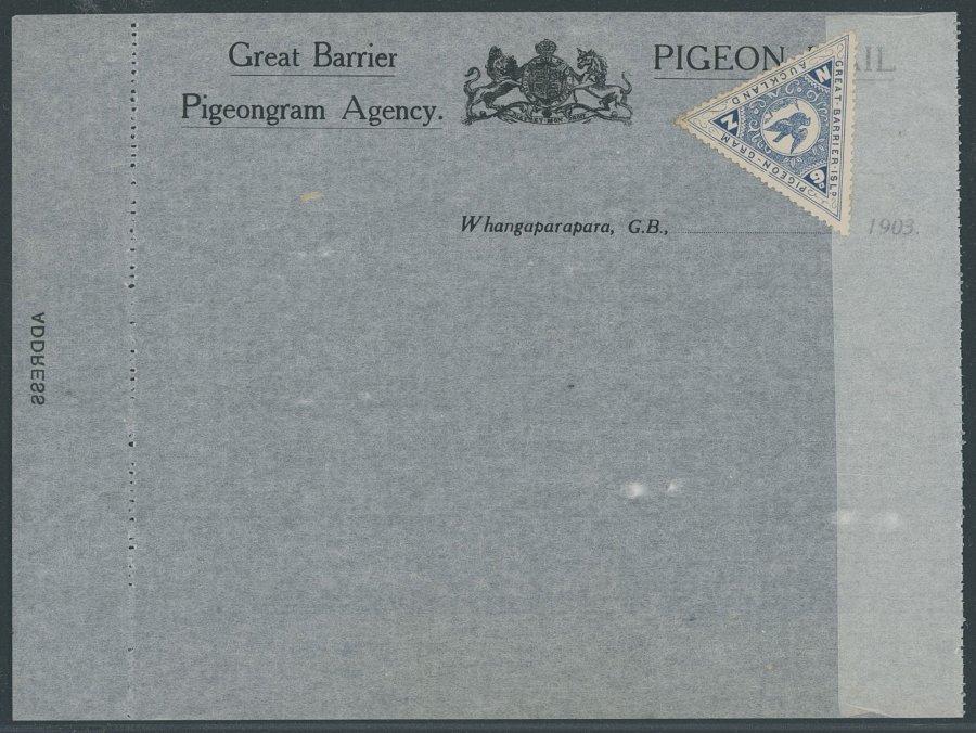 NEUSEELAND 1903, Great Barrier Pigeongram Agency: Original Brieftaubenpost-Formular Von Auckland Nach Great Barrier Isla - Otros & Sin Clasificación