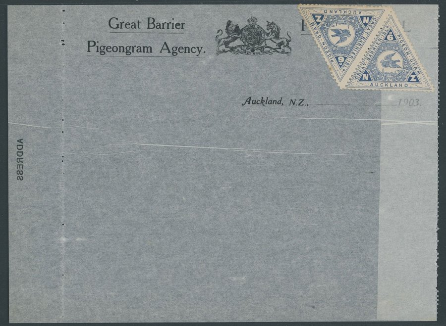 NEUSEELAND 1903, Great Barrier Pigeongram Agency: Original Brieftaubenpost-Formular Von Auckland Nach Great Barrier Isla - Altri & Non Classificati