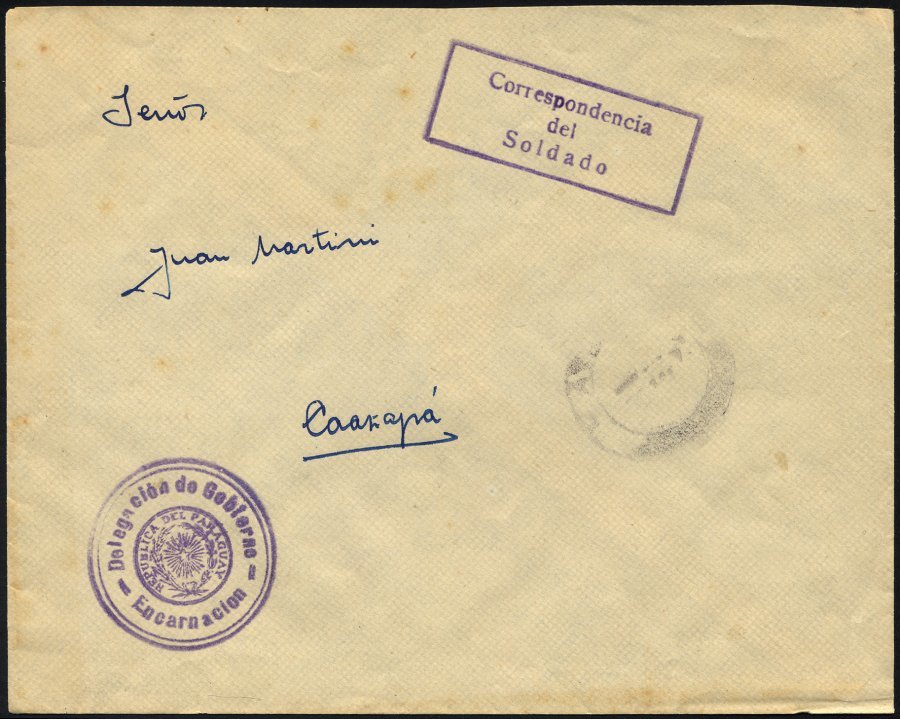 PARAGUAY 1935, Feldpostbrief Von Encarnacion Nach Coazapa Mit Stempel Der Verhandlungsdelegation Der Regierung Und Solda - Paraguay