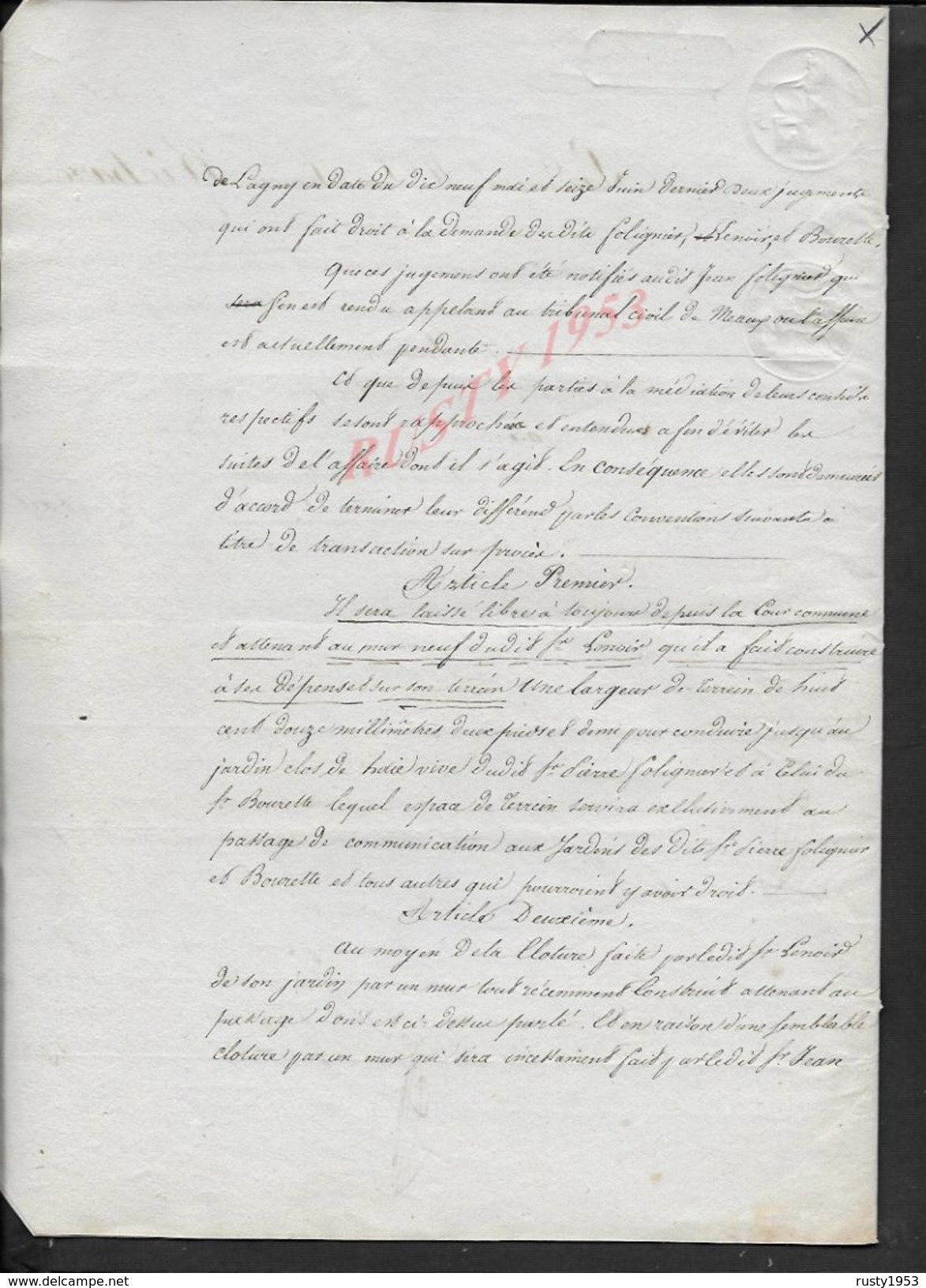 DAMPMART 1821 ACTE FOLIGNIER OU SOLIGNIER 6 PAGES : - Manuscripts