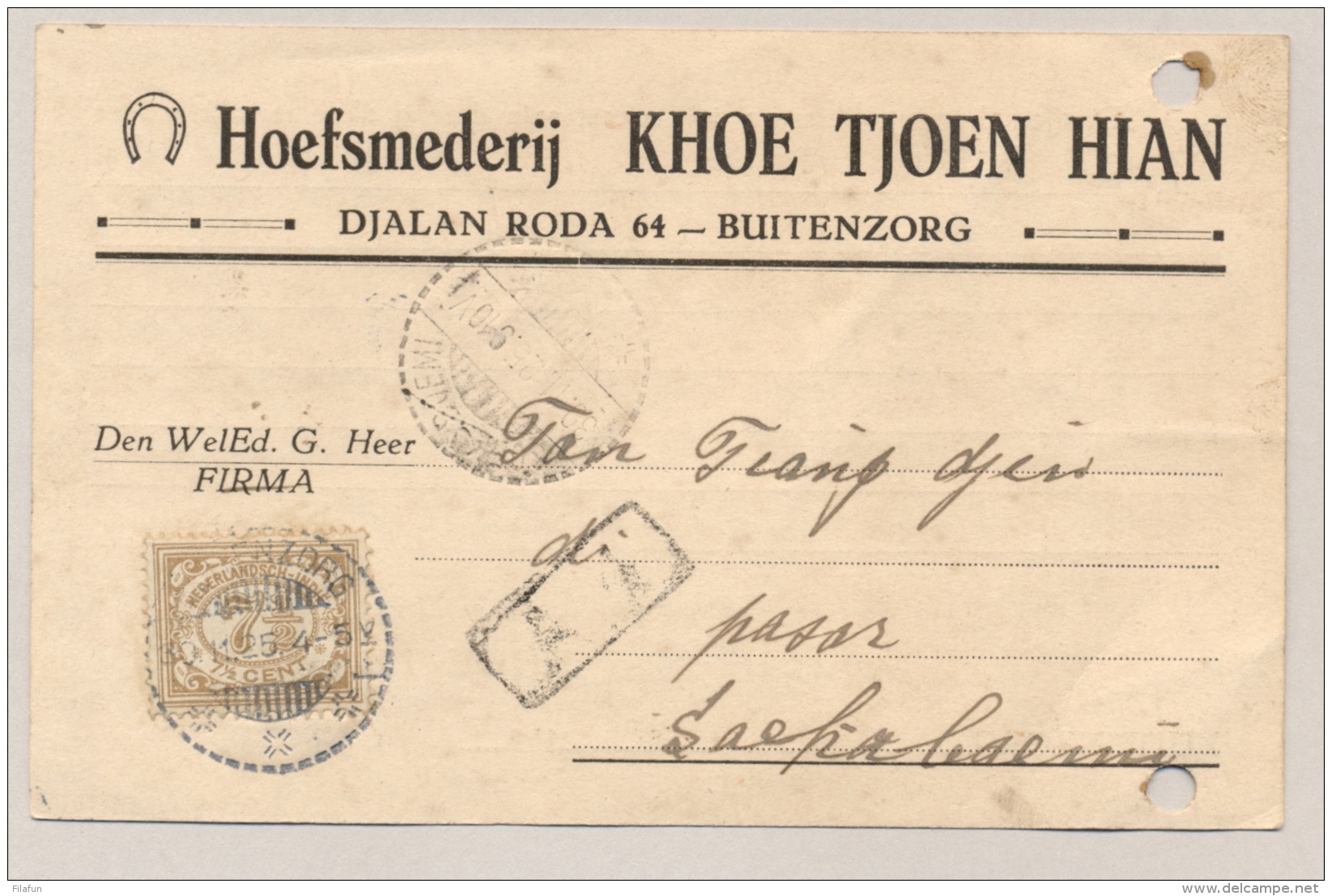 Nederlands Indië - 1925 - 7,5 Cijfer Op Briefkaart Van Buitenzorg Naar Soekaboemi - Hoefsmederij Khoe Tjoen Hian - Nederlands-Indië