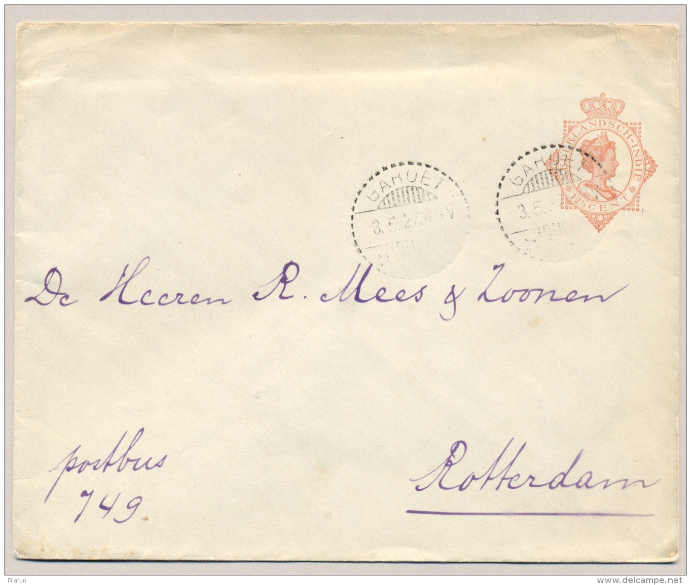 Nederlands Indië - 1927 - 12,5 Cent Wilhelmina, Envelop G47 Van Garoet Naar Rotterdam / Nederland - India Holandeses