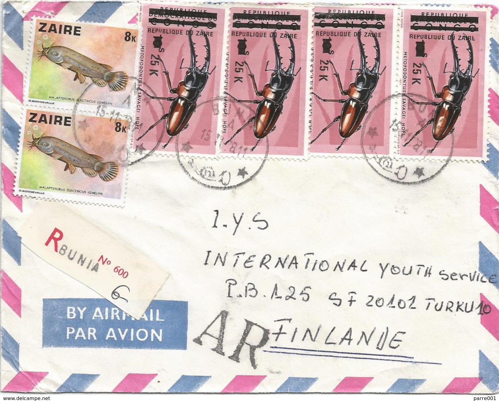Zaire DRC RDC Congo 1987 Bunia 25k Beetle Overprint Michel 542 Freshwater Fish Registered AR Avis De Reception Cover - Gebruikt