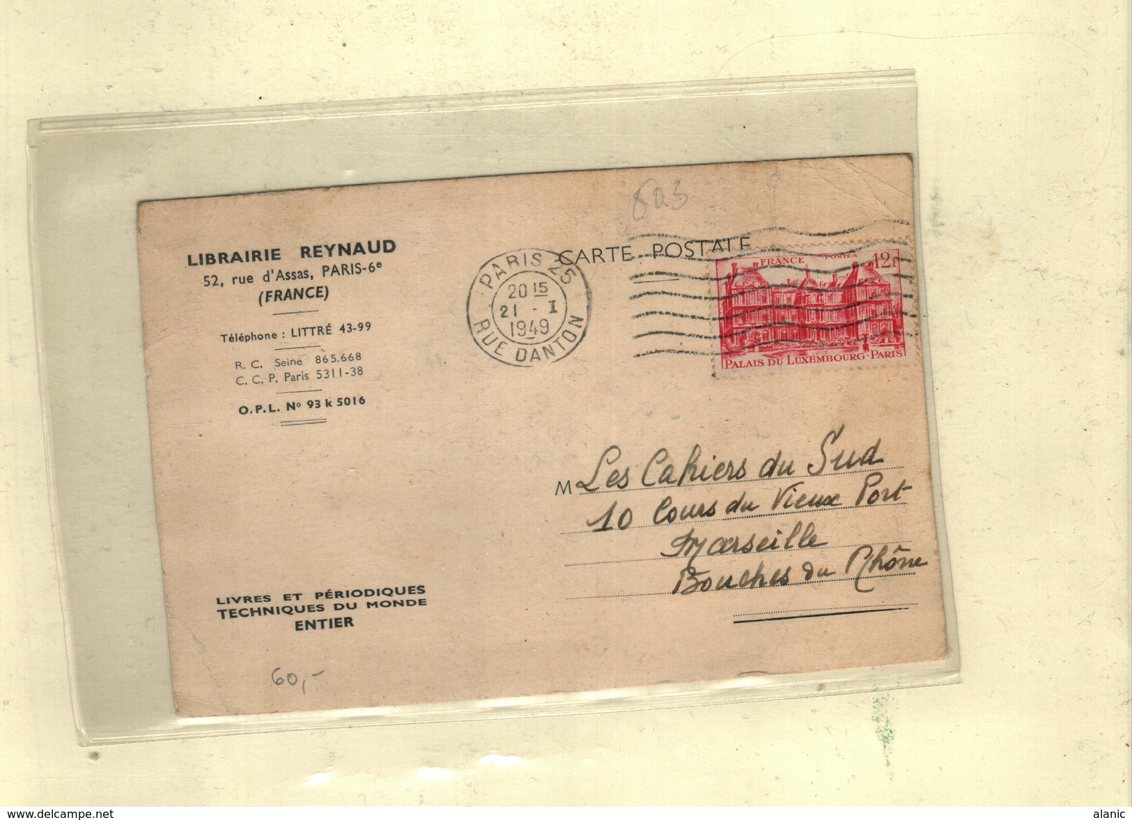 Marcophilie (Lettres) >N°803 PALAIS DU LUXEMBOURG 12 F  21/I/1949 - Tarifs Postaux