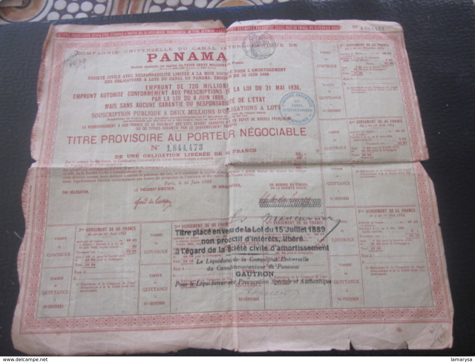 1888 Action & Titre Thème Navigation COMPAGNIE UNIVERSELLE DU CANAL INTEROCÉANIQUE DE PANAMA+FISCAL CACHET CONTRÔLE - Navegación