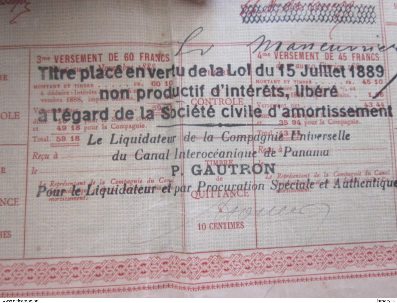 1888 Action & Titre Thème Navigation COMPAGNIE UNIVERSELLE DU CANAL INTEROCÉANIQUE DE PANAMA+FISCAL CACHET CONTRÔLE - Navegación