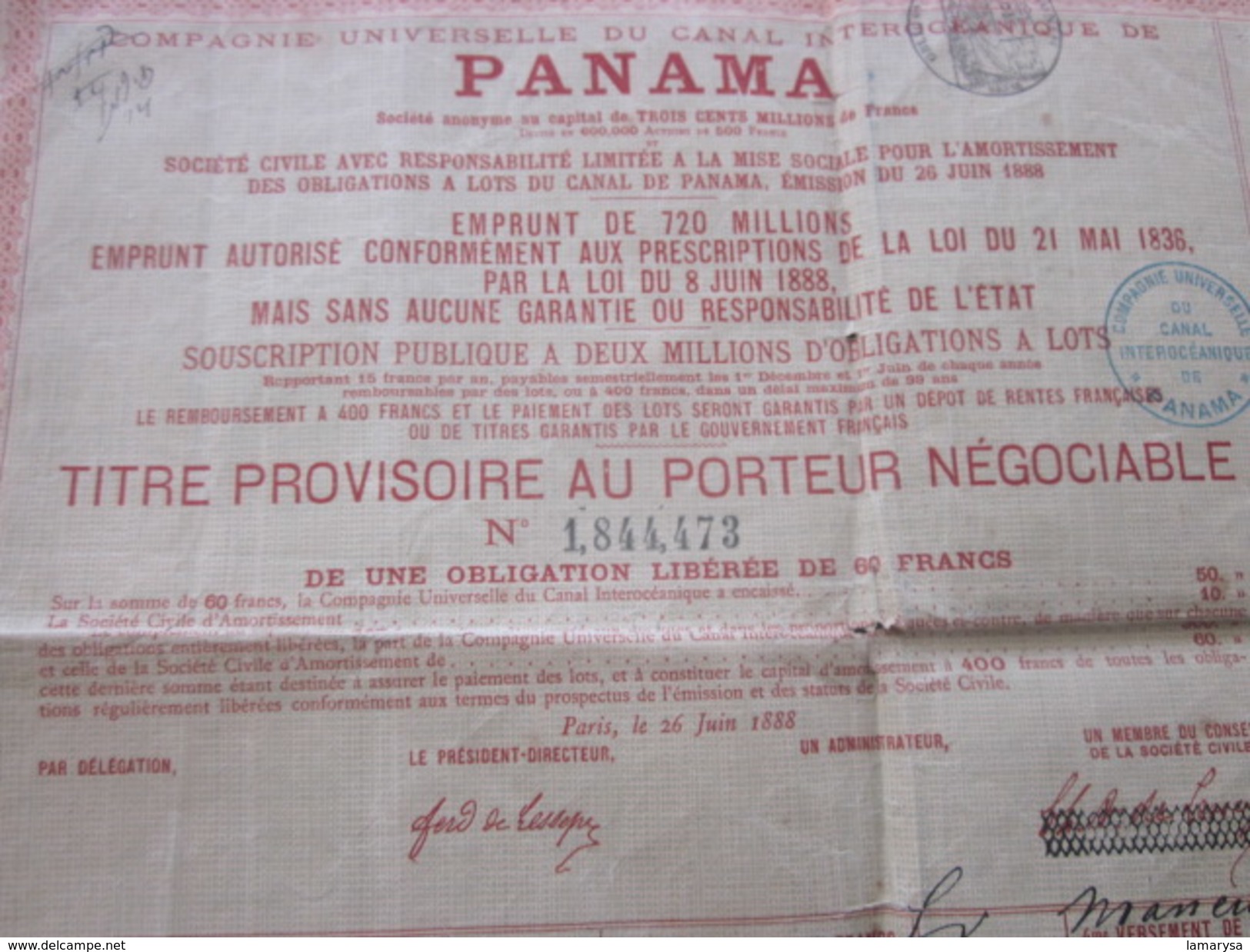 1888 Action & Titre Thème Navigation COMPAGNIE UNIVERSELLE DU CANAL INTEROCÉANIQUE DE PANAMA+FISCAL CACHET CONTRÔLE - Navy