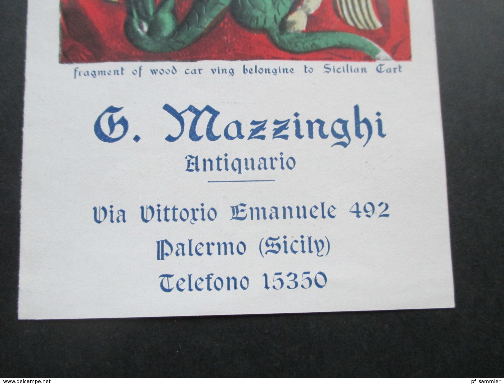 Alte Visitenkarte / Werbung G. Mazzinghi Antiquario. Sizilien. Klappkarte / Foto. Entree Via Vittorio Emanuele 492 - Visiting Cards