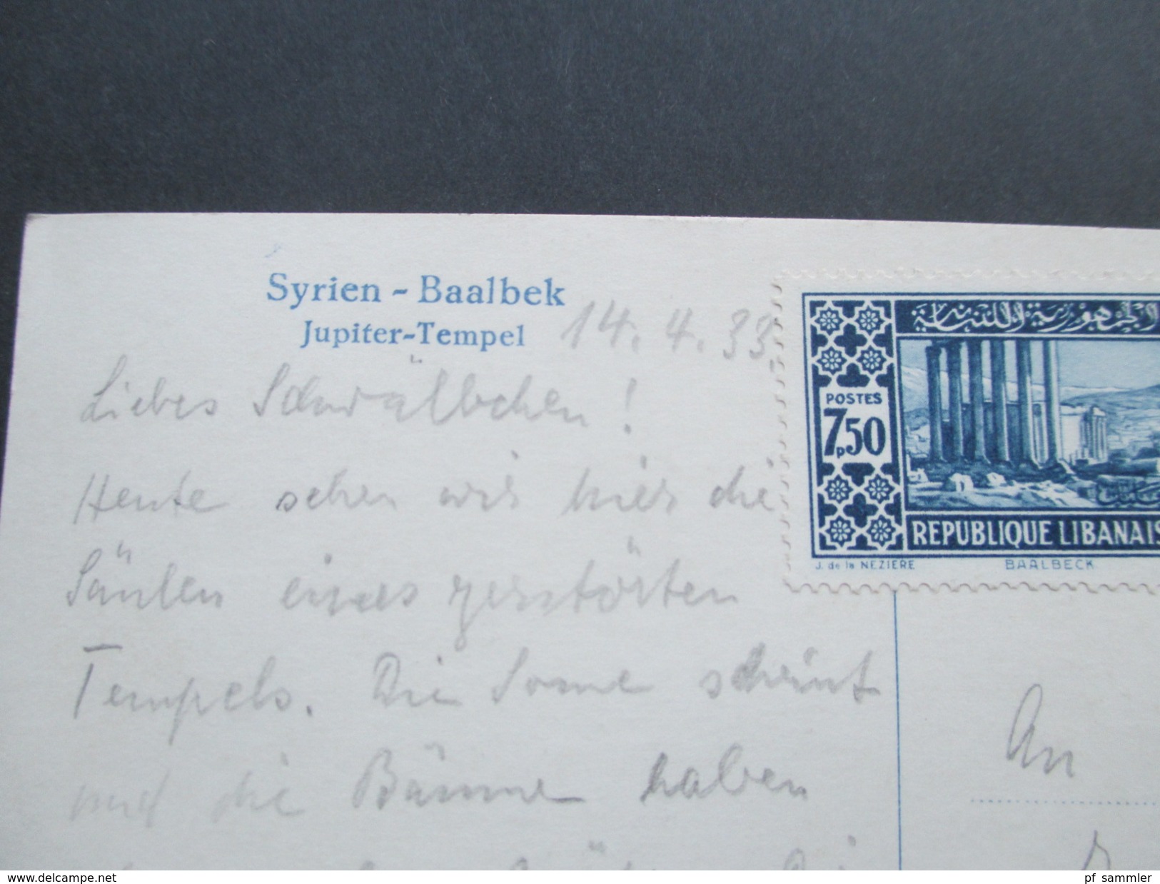 AK Echtfoto 1933 Syrien Baalbek Jupiter Tempel. Frankatur Libanon. Gesendet Nach Hamburg - Syrien