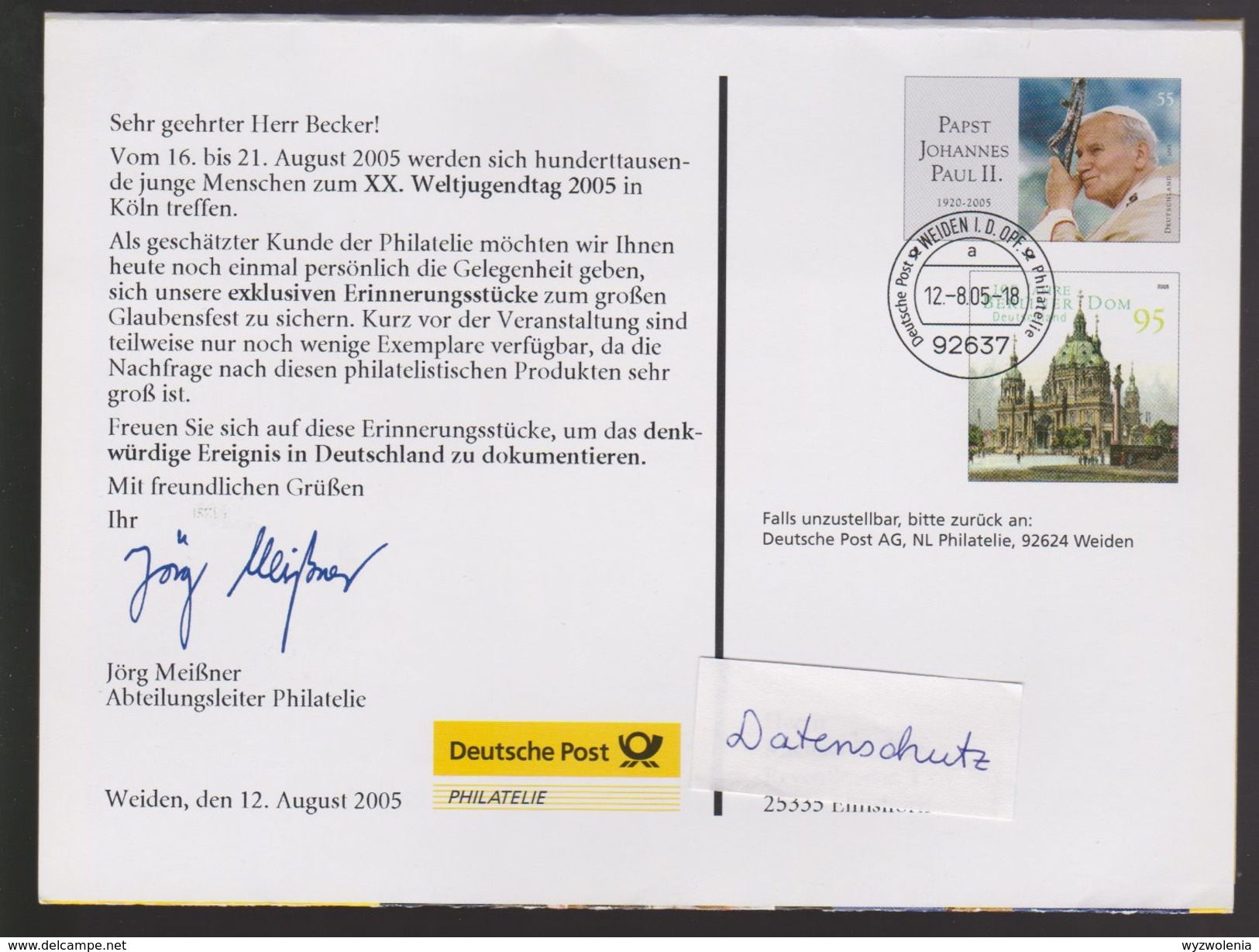 P 216) BRD Ganzsache 2005: Weiden Philatelie Zum XX. Weltjugendtag Köln, Papst - Enveloppes - Oblitérées