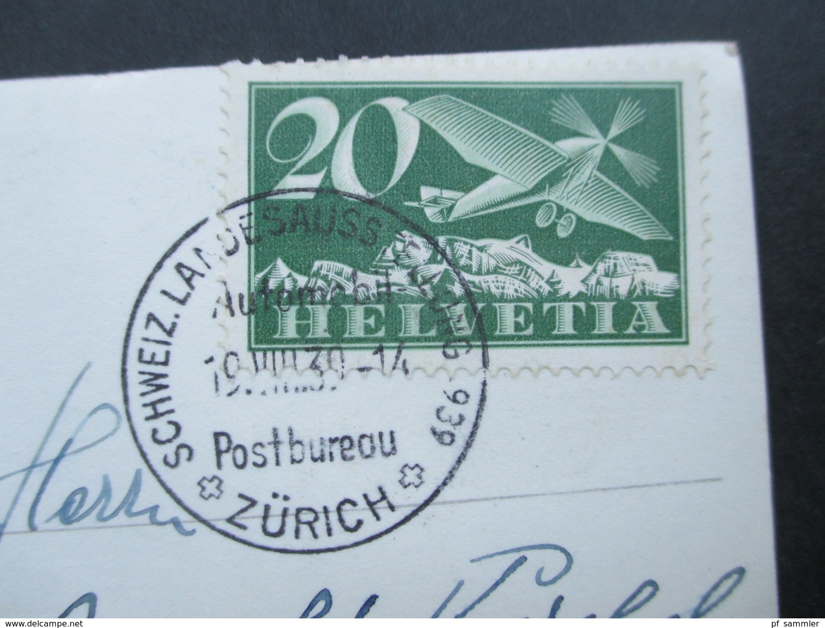 Schweiz AK Spiez 1939 Nr. 213 Flugpost Eindecker. Stempel: Schweiz Landesausstellung 1939 Postbureau Zürich - Briefe U. Dokumente