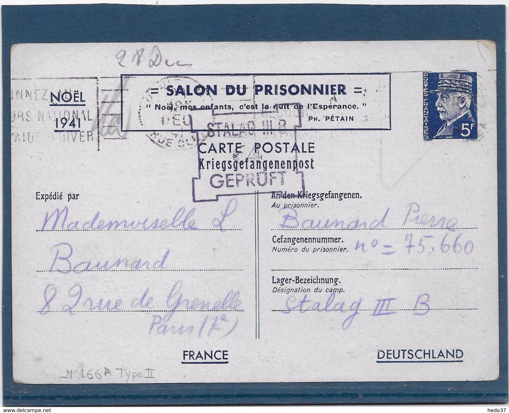France Entiers Postaux -Type Pétain 5 Fr Bleu -  Carte Postale - Cartes Postales Types Et TSC (avant 1995)