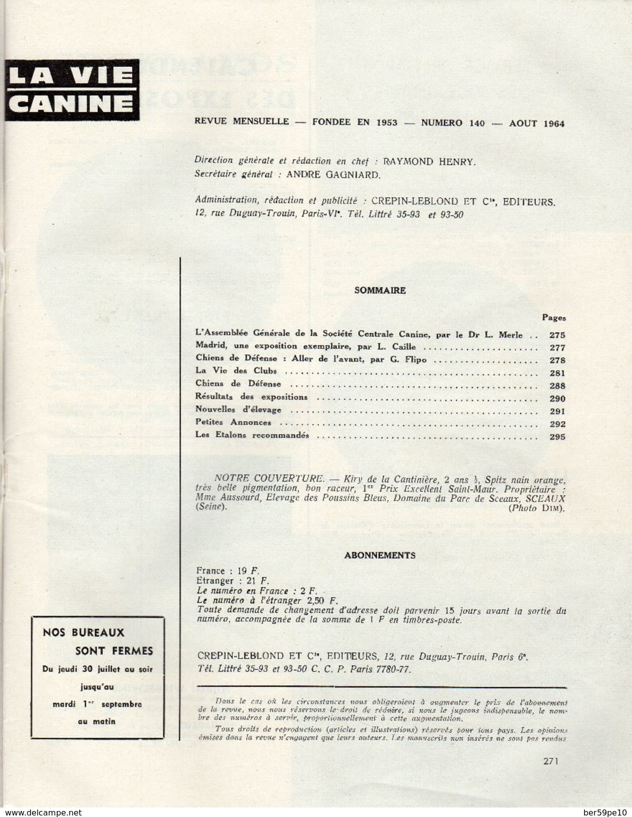 LA VIE CANINE MENSUEL No 140 AOUT 1964 - Animals