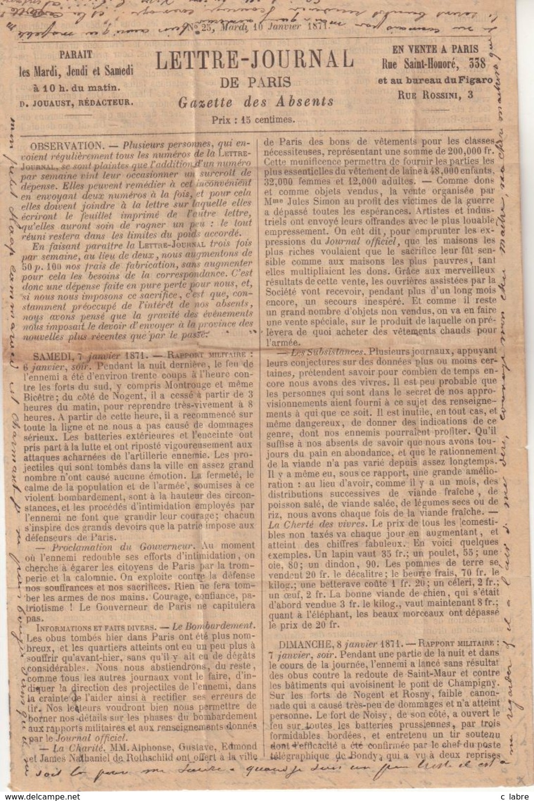 FRANCE : BALLON MONTE . GAZETTE DES ABSENTS N° 25 . DE PARIS LE 11/01/71 . POUR ANVERS . ( BELGIQUE ) . - Guerre De 1870