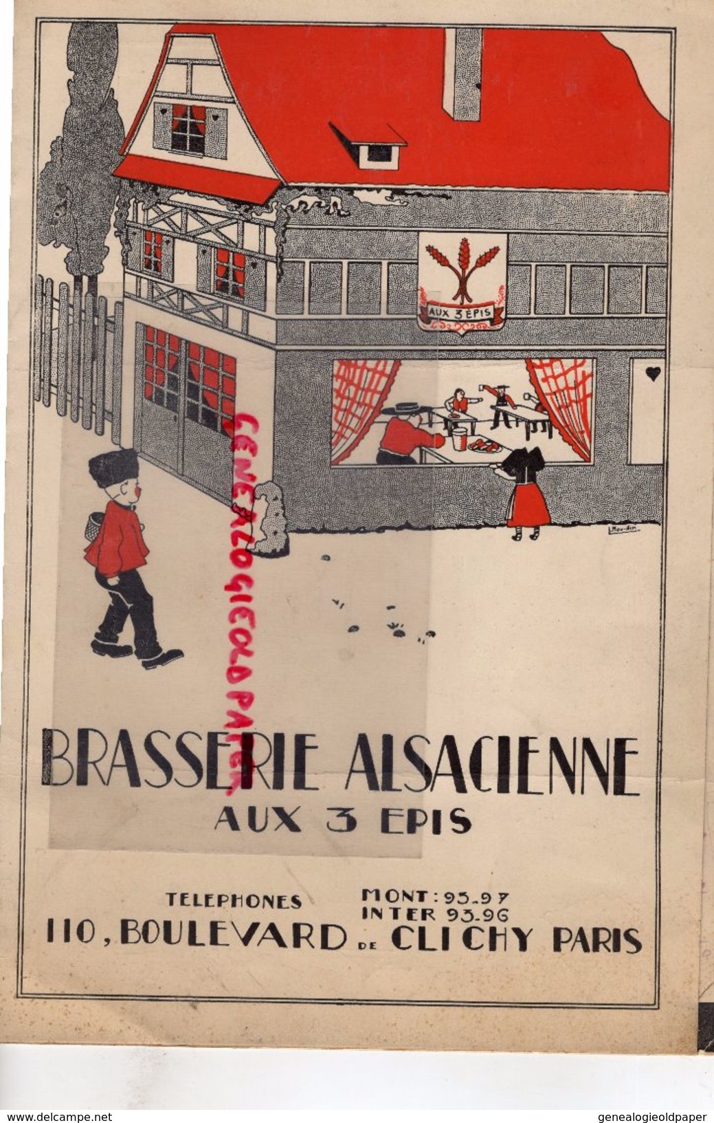 75- PARIS- RARE CARTE MENU BRASSERIE ALSACIENNE AUX 3 EPIS-110 BD. DE CLICHY-18 AVRIL 1935- IMPRIMERIE ASSELINEAU - Menükarten