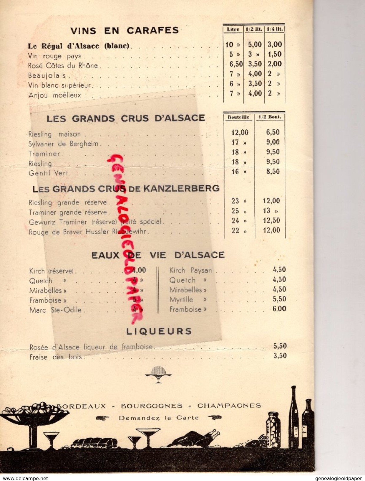 75- PARIS- RARE CARTE MENU BRASSERIE ALSACIENNE AUX 3 EPIS-110 BD. DE CLICHY-18 AVRIL 1935- IMPRIMERIE ASSELINEAU - Menus
