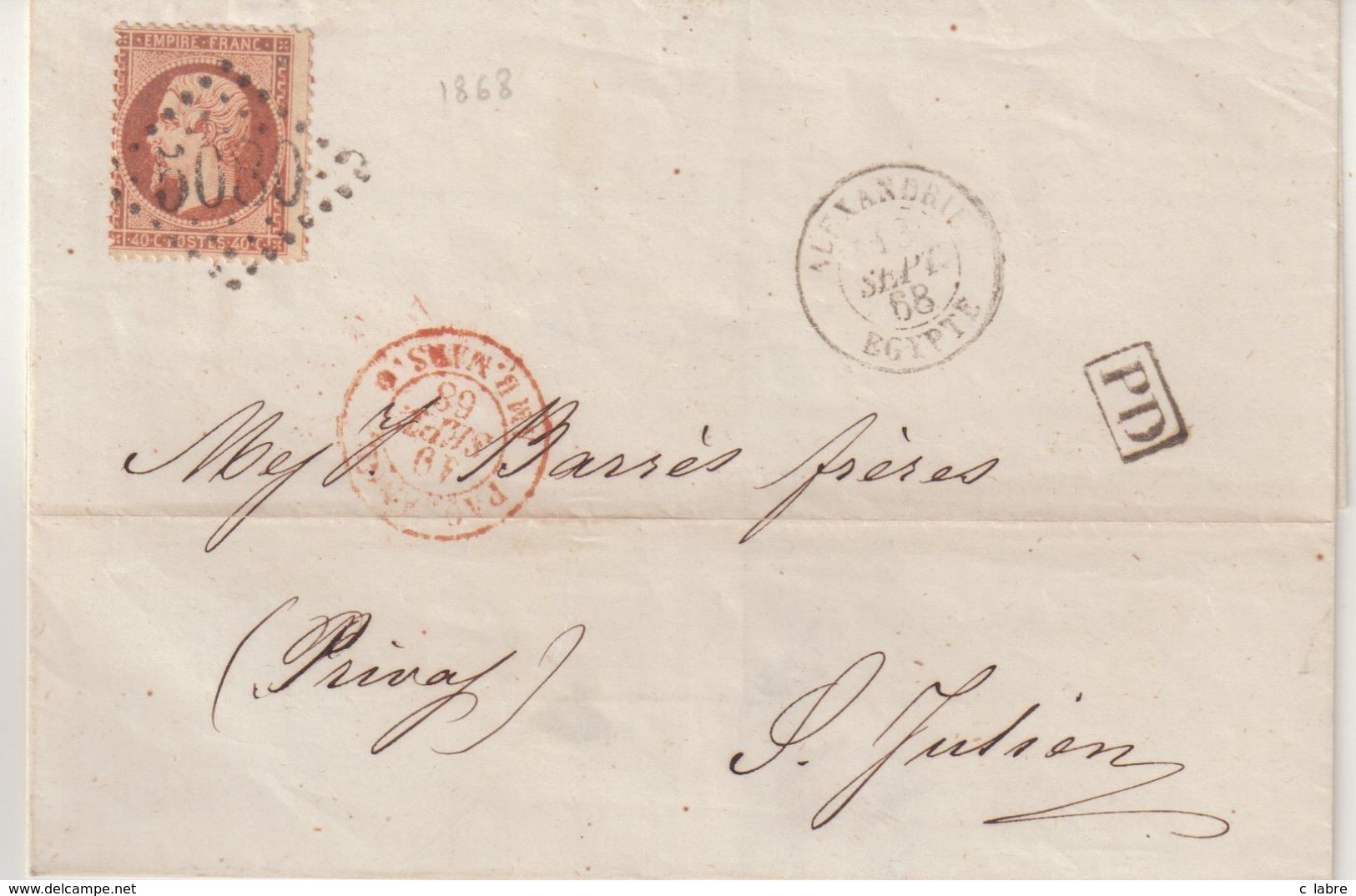 FRANCE : GC 5080 . " ALEXANDRIE " . BFE . POUR LA FRANCE . N° 23 . 1868 . - 1849-1876: Période Classique