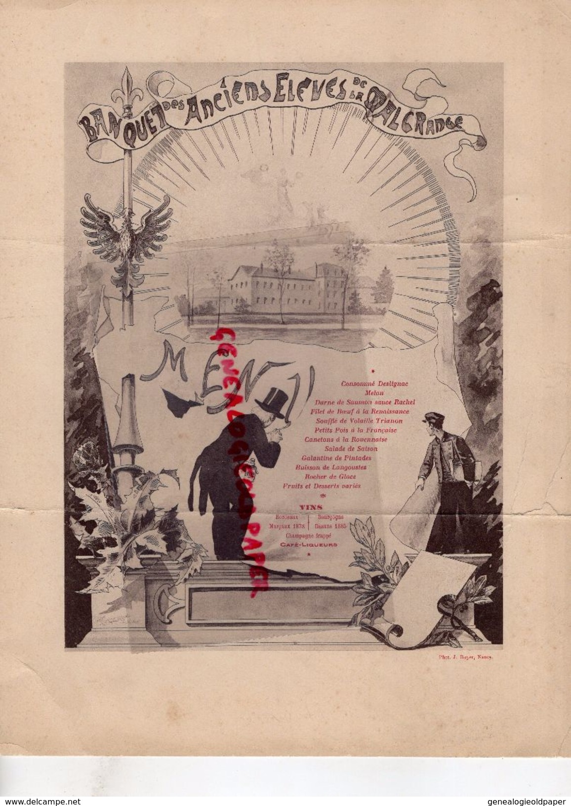 54- JARVILLE NANCY- RARE MENU BANQUET DES ANCIENS ELEVES DE LA MALGRANGE -COLLEGE-XIXE- VINS MARGAUX 1878-BEAUNE 1885- - Menükarten