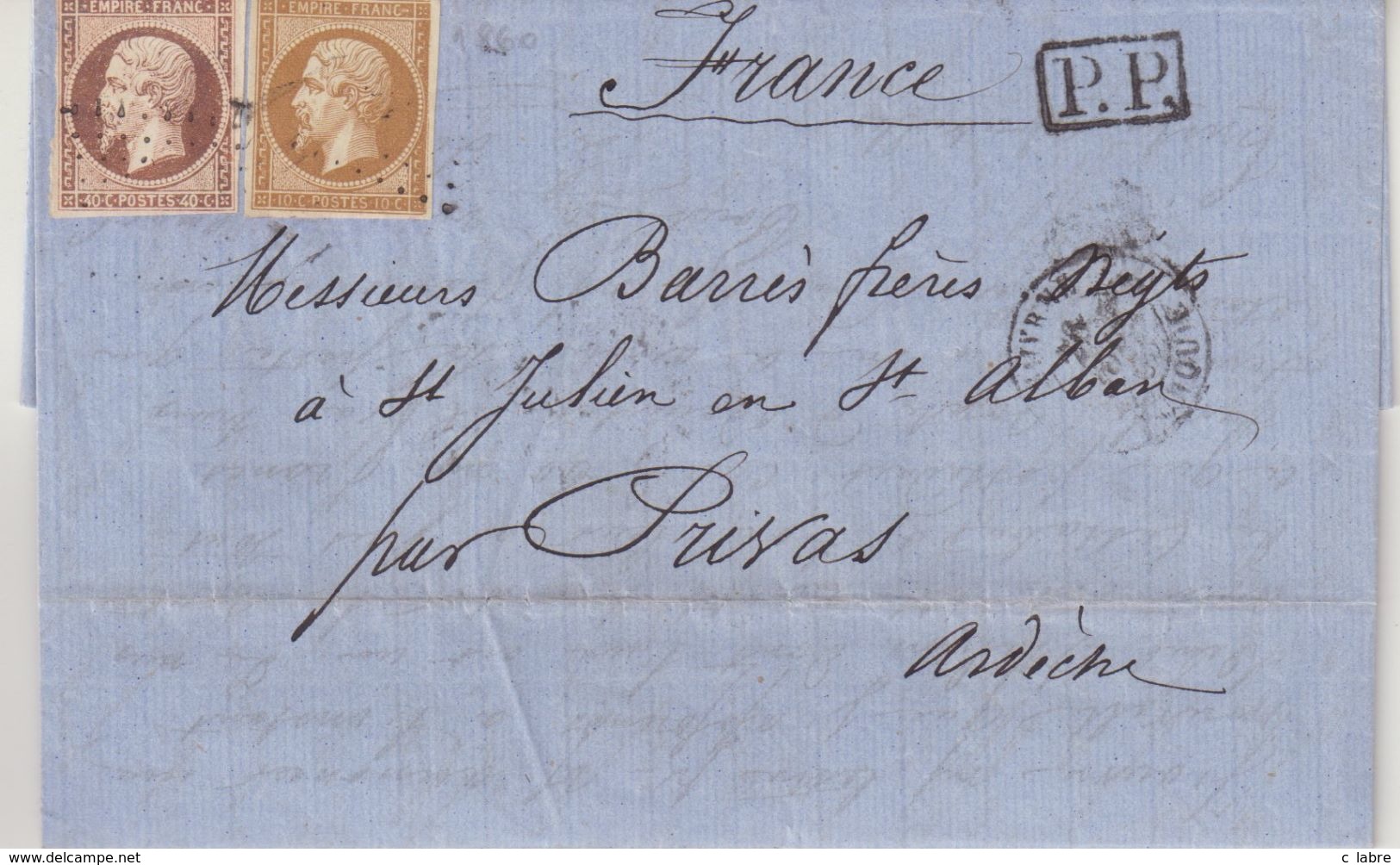 FRANCE : PC 3709 . " SMYRNE " . BFE . POUR LA FRANCE . N° 13 ET 16 ( TOUCHE ) . 1860 . - 1849-1876: Période Classique