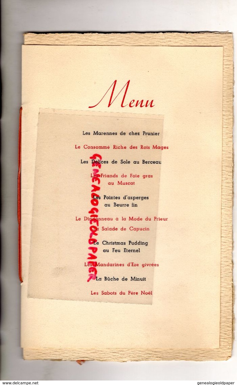 62- LE TOUQUET- RARE BEAU MENU DINER DE NOEL 25 DECEMBRE 1935 A L' HERMITAGE HOTEL RESTAURANT-MARENNES DE CHEZ PRUNIER - Menus