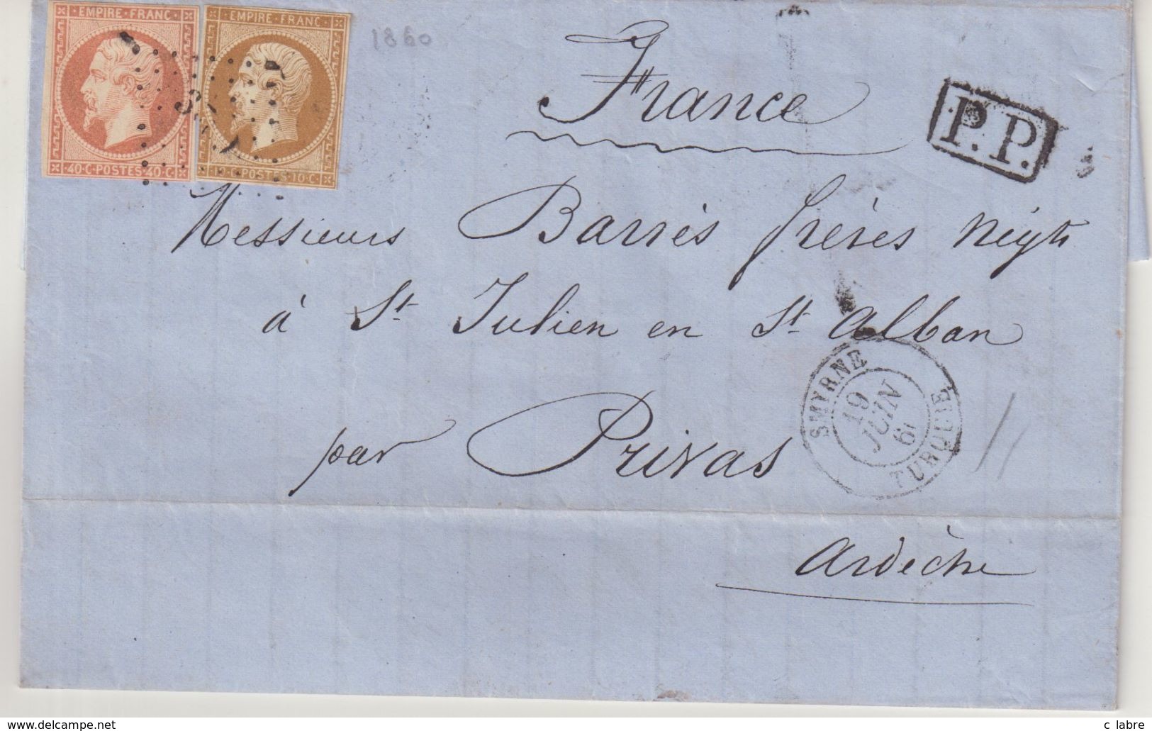 FRANCE : PC 3709 . " SMYRNE " . BFE . POUR LA FRANCE . N° 13 ET 16 ( COURTS ) . 1860 . - 1849-1876: Période Classique