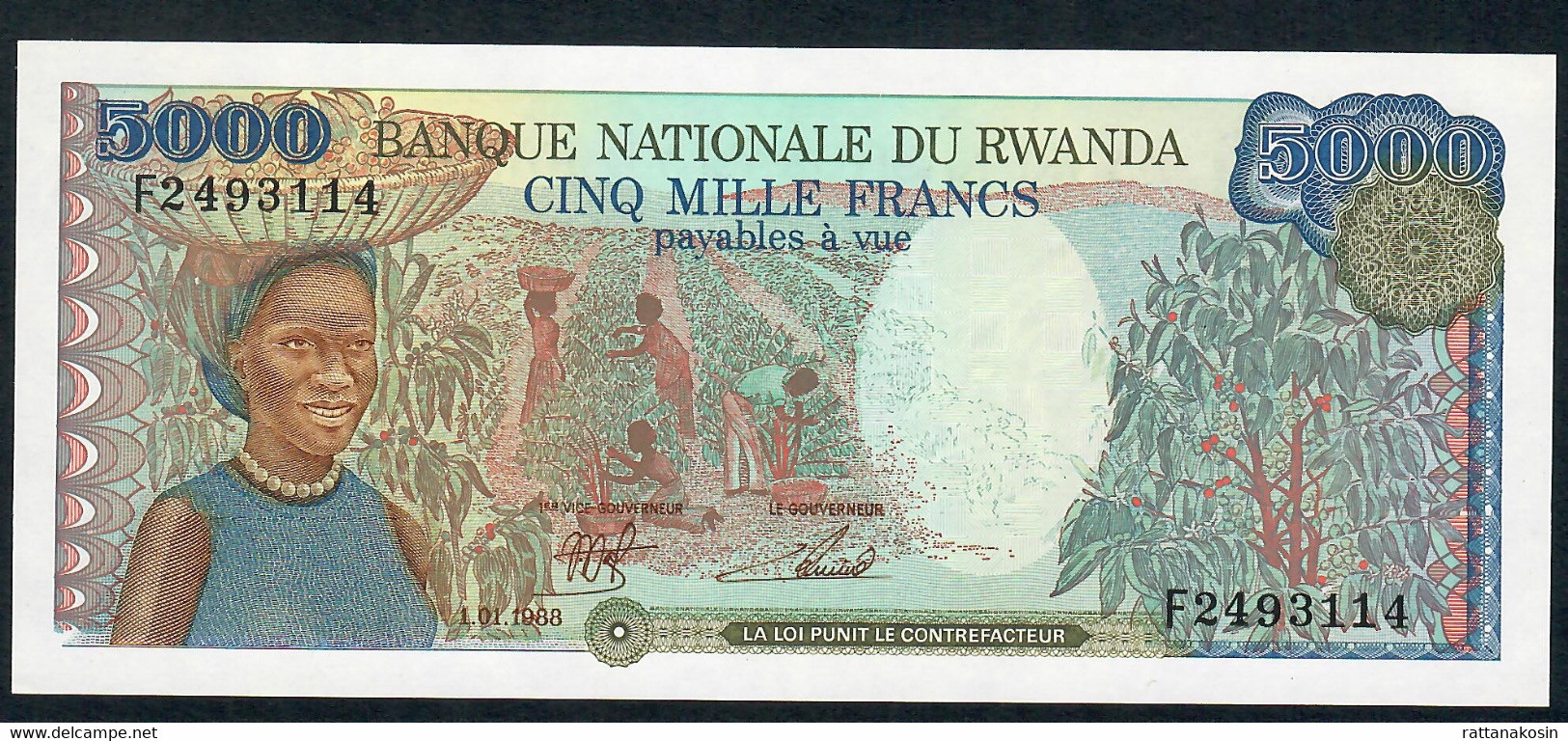 RWANDA P22 5000 FRANCS 1988 #F    UNC. - Ruanda