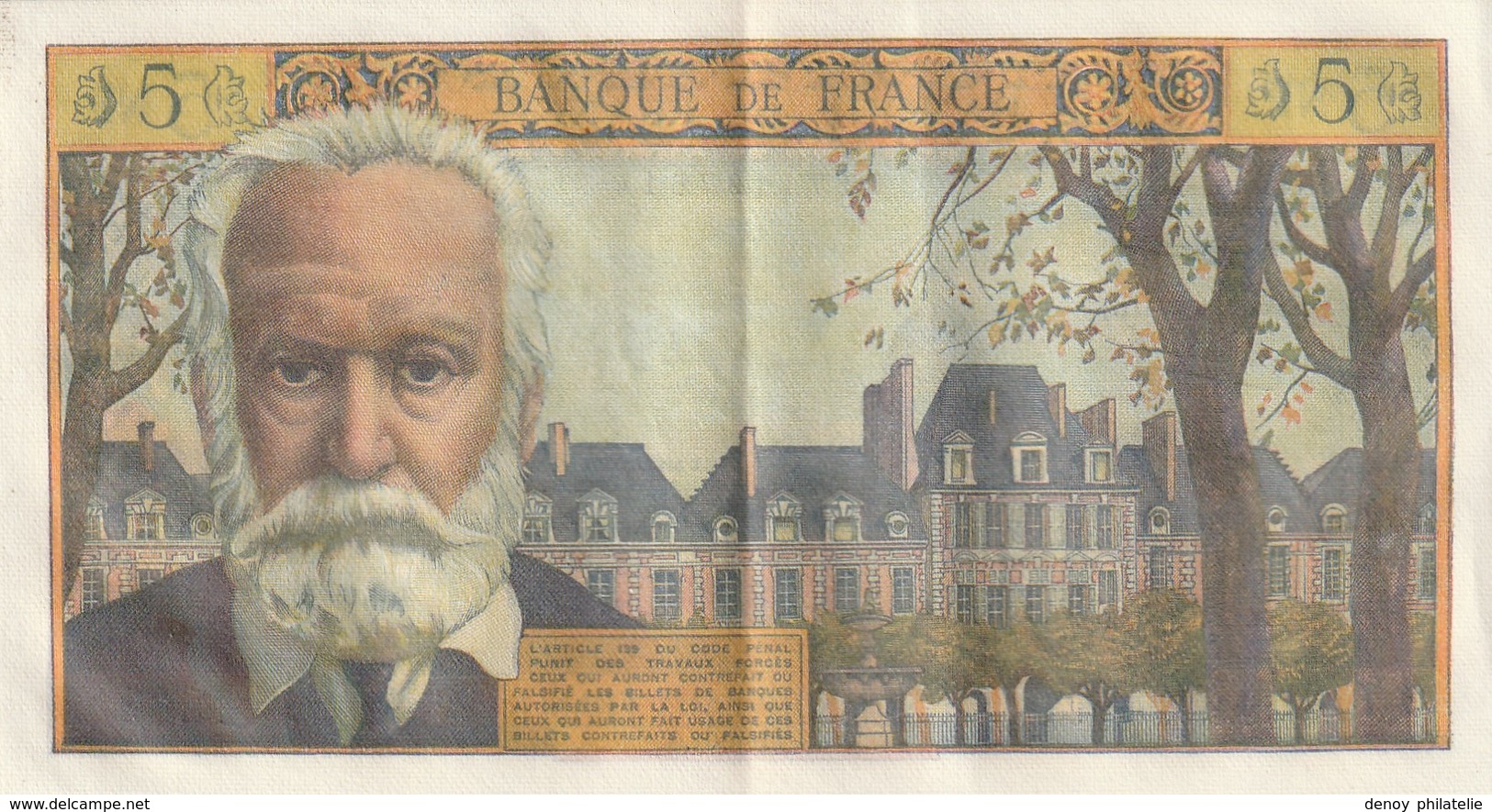 France Billede 5 Francs Du  2 11 1961 G Juste Un Pli Central (et Un Infime A Gauche ) Pas De Trou Ref Fayet 56/9 - 5 NF 1959-1965 ''Victor Hugo''