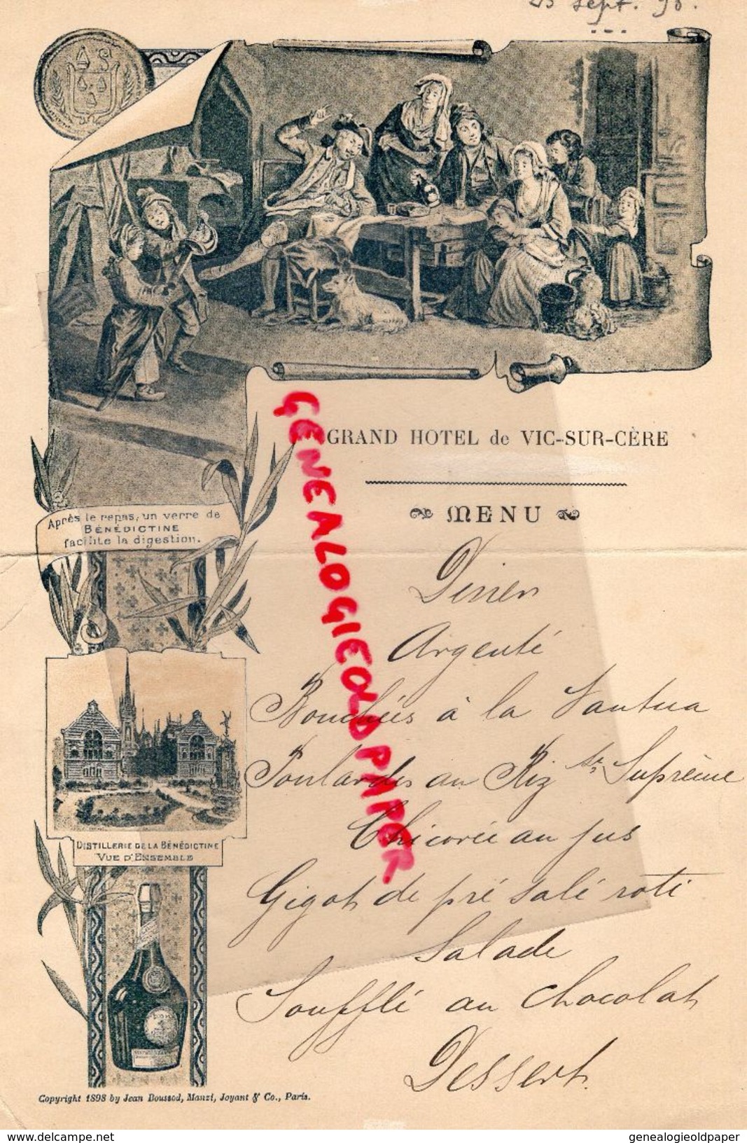 15-VIC SUR CERE-RARE MENU GRAND HOTEL 23 SEPT. 1898-DISTILLERIE BENEDICTINE-IMPRIMERIE JEAN BOUSSOD-MANZI-JOYANT PARIS - Menükarten