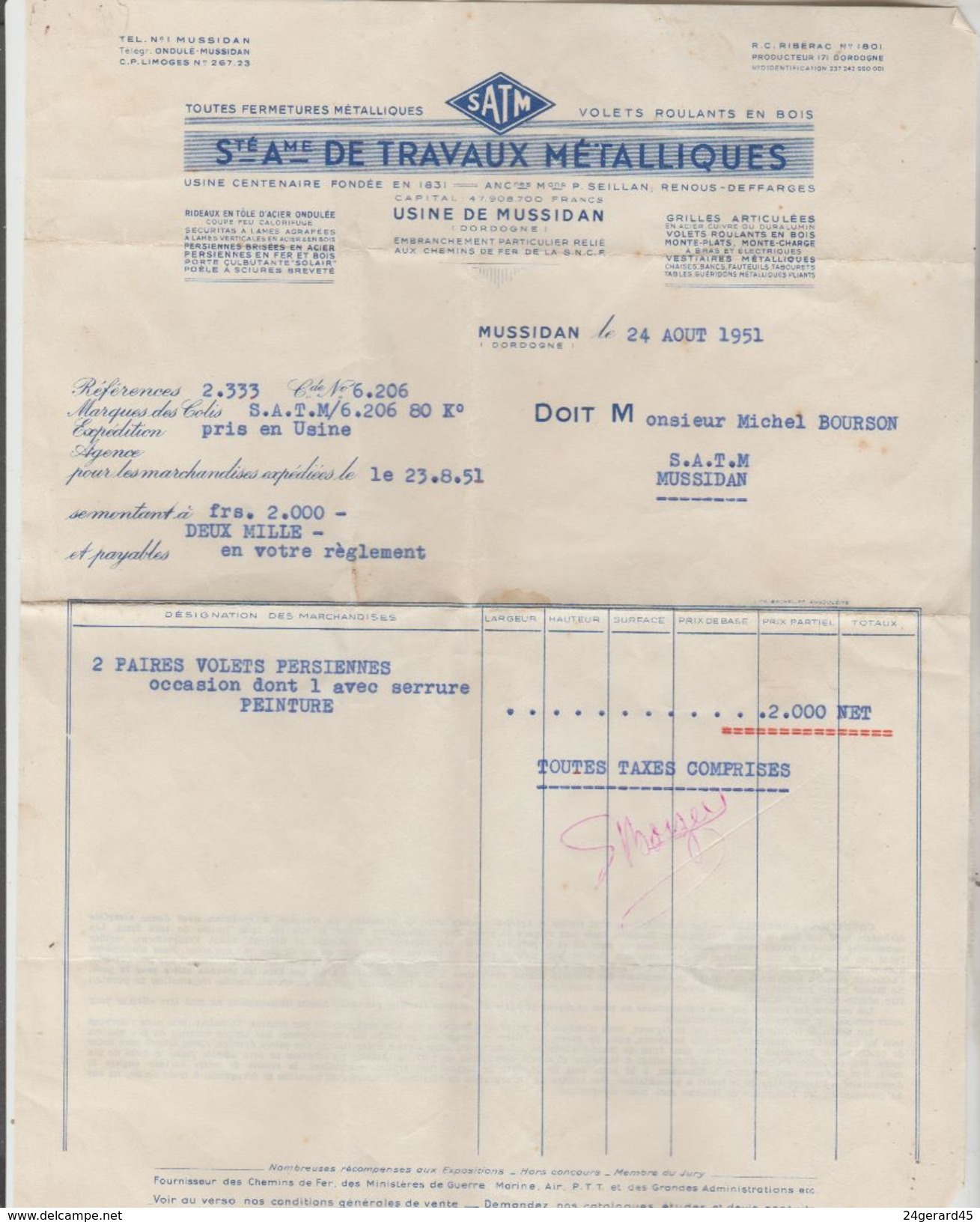 FACTURE 24/08/1951 S.A.T.M Usine De Mussidan (Dordogne) - 1950 - ...