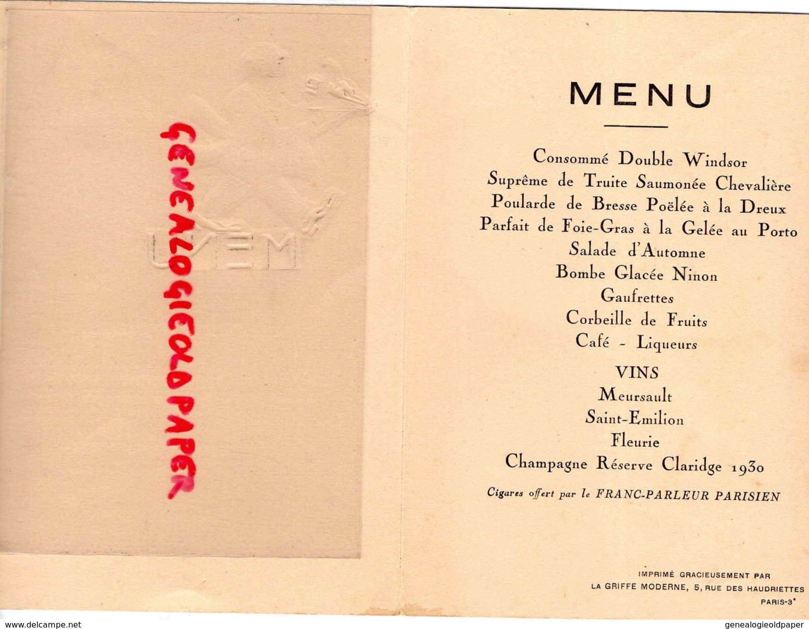 75-PARIS-RARE MENU 20 OCT. 1937- GRAND HOTEL CLARIDGE-BANQUET CLOTURE 1ER CONGRES FABRICANTS CHAUSSURES-GIGNOUX PDT - Menus