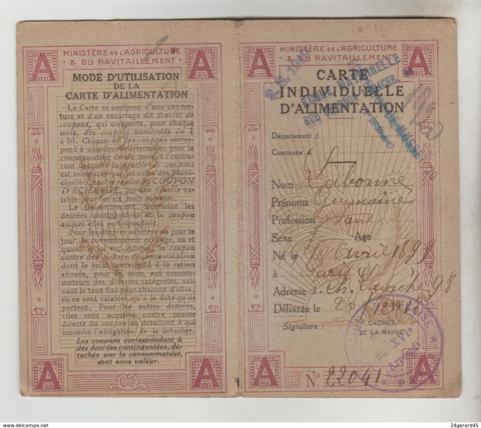 DOCUMENT OFFICIEL - CARTE INDIVIDUELLE D'ALIMENTATION N° 22041 DU 20/12/1918 PARIS - Autres & Non Classés