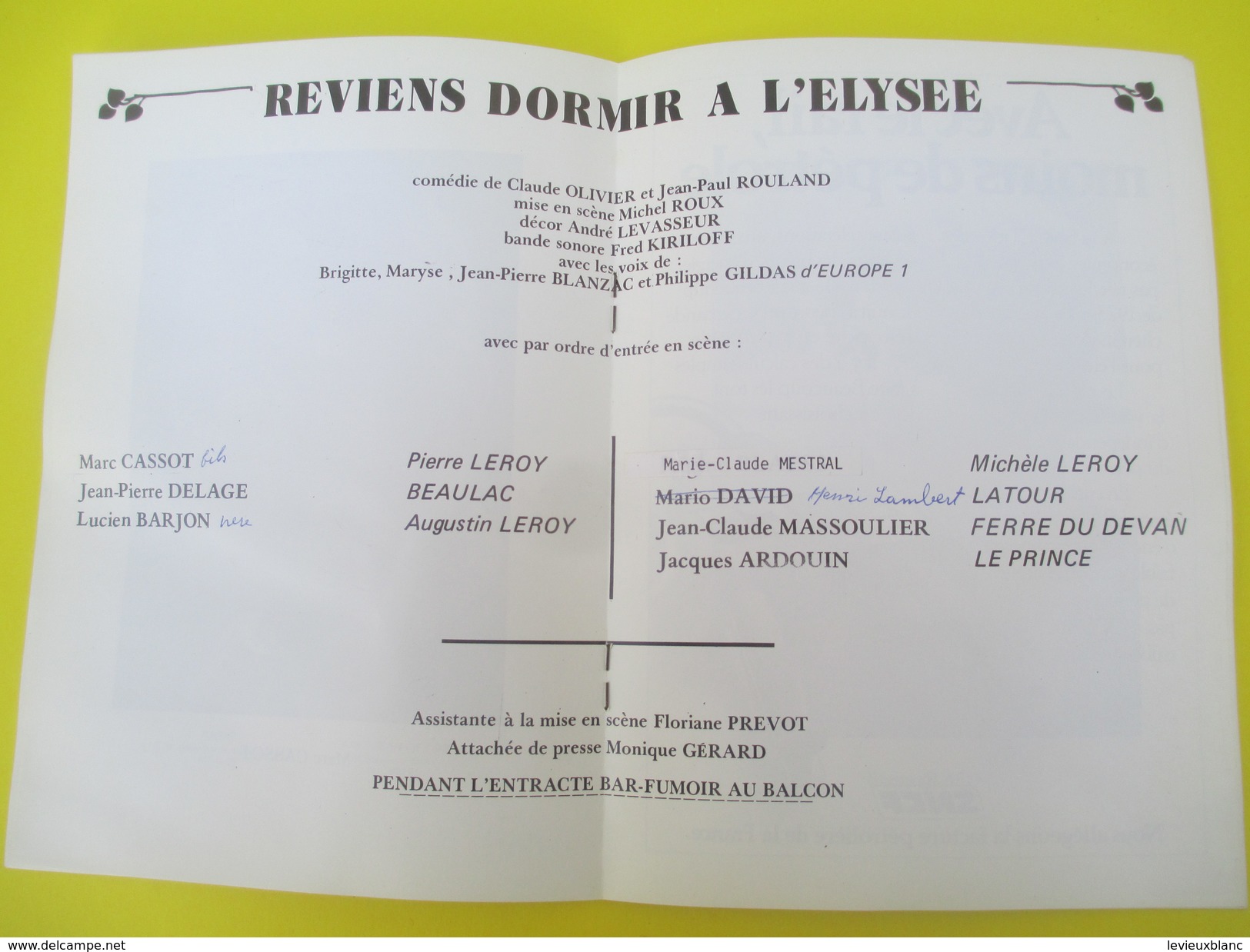 Fascicule/Comédie CAUMARTIN/Reviens dormir à l'Elysée/Cl OLIVIER et JP ROULAND/1983     PROG155