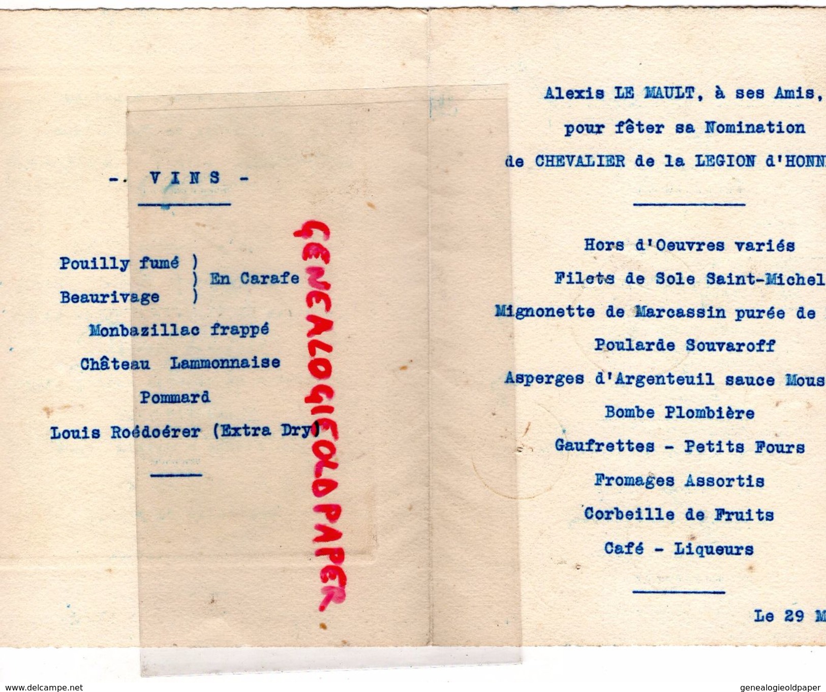 75- PARIS- RARE MENU RESTAURANT SAINT MICHEL-2 PLACE ST MICHEL-ALEXIS LE MAULT CHEVALIER LEGION HONNEUR-29 MARS 1922- - Menükarten
