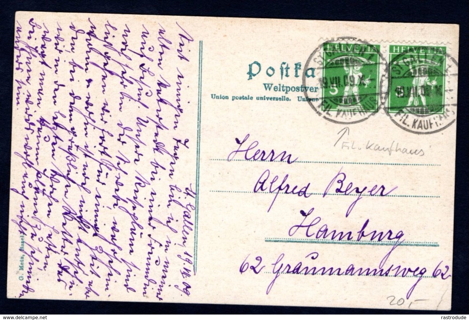 1909 - Postkarte Tillknabe - St. Gallen - Postamt Im Kaufhaus - Frühster Bekannter Stempel - Marcophilie