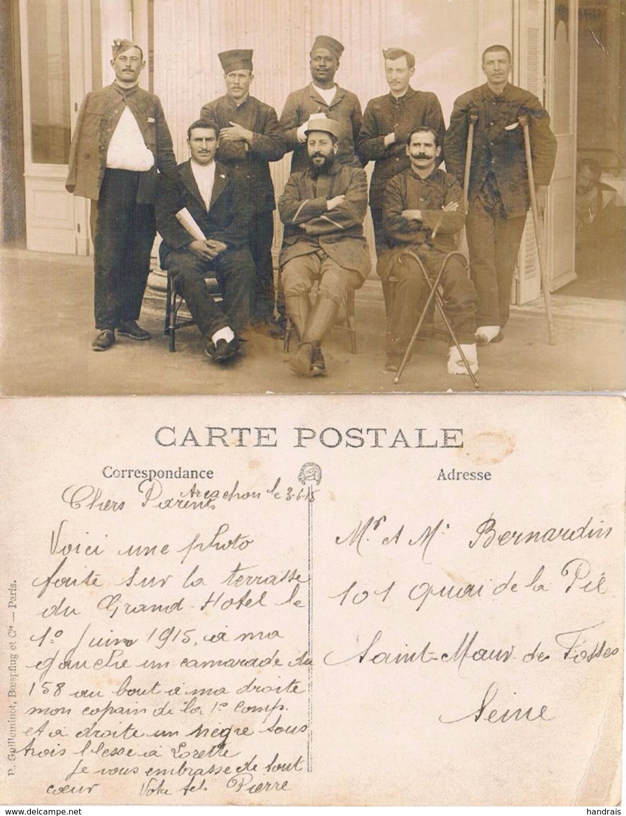 33  ARCACHON JUIN 1915 HOPITAL TEMPORAIRE AU GRAND HOTEL SUR LA TERRASSE MILITAIRES BLESSES - Arcachon