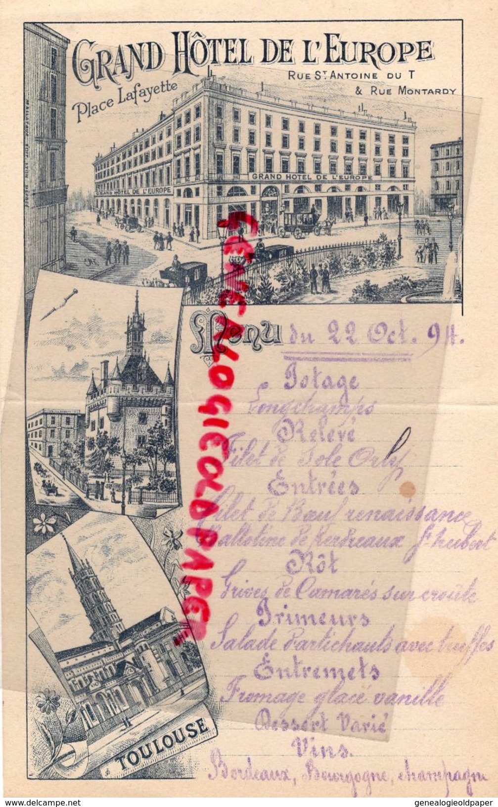 31- TOULOUSE- RARE MENU GRAND HOTEL DE L' EUROPE-PLACE LAFAYETTE-RUE ST ANTOINE-RUE MONTARDY-22 OCTOBRE 1894 SNCF - Menus