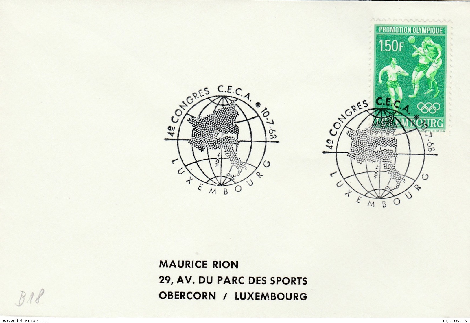 1968 LUXEMBOURG COVER EVENT Pmk CECA CONGRESS European Community,   OLYMPIC FOOTBALL Soccer Stamp Sport Olympics Games - Covers & Documents