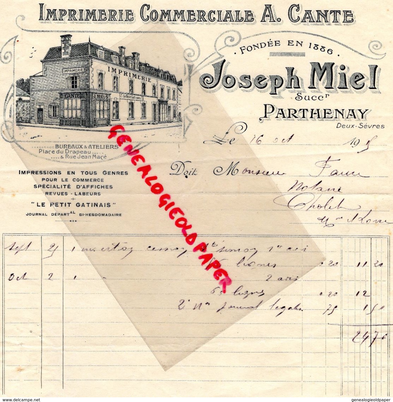 79 -PARTHENAY-RARE FACTURE JOSEPH MIEL-IMPRIMERIE COMMERCIALE A. CANTE-PLACE DU DRAPEAU-RUE JEAN MACE-LE PETIT GATINAIS - Imprimerie & Papeterie