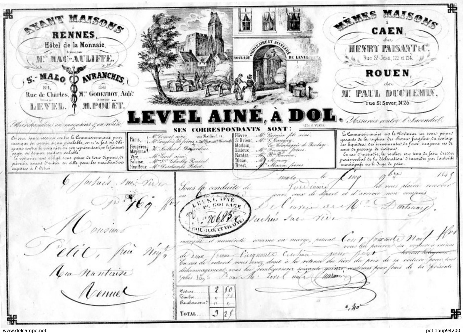 FACTURE  LEVEL AINE Rennes Avranches Caen St Malo Rouen Dol *TIMBRE ROYAL Verso ANNEE 1846 296 - Transporte