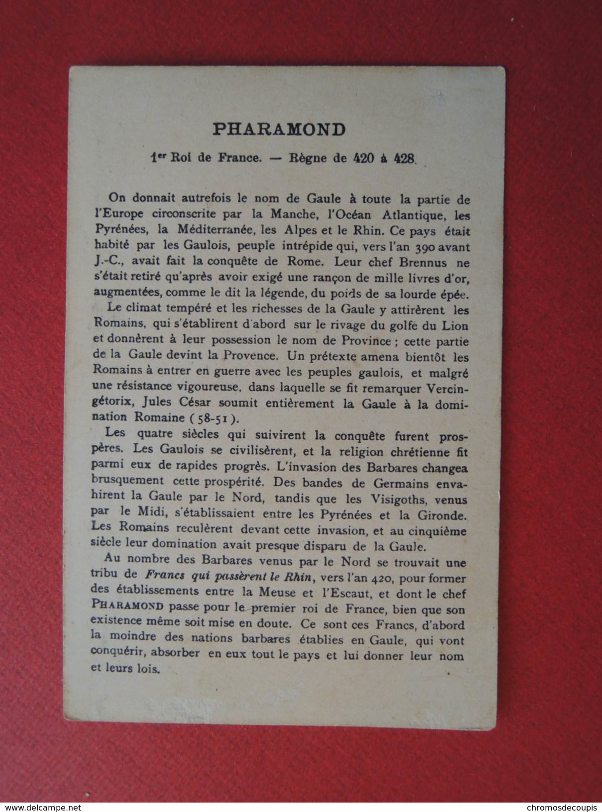 Chromo  TESTU-MASSIN. Vers 1900.  Texte Au Dos Avec La Vie Du Roi. Le 1er Roi. PHARAMOND. - Autres & Non Classés